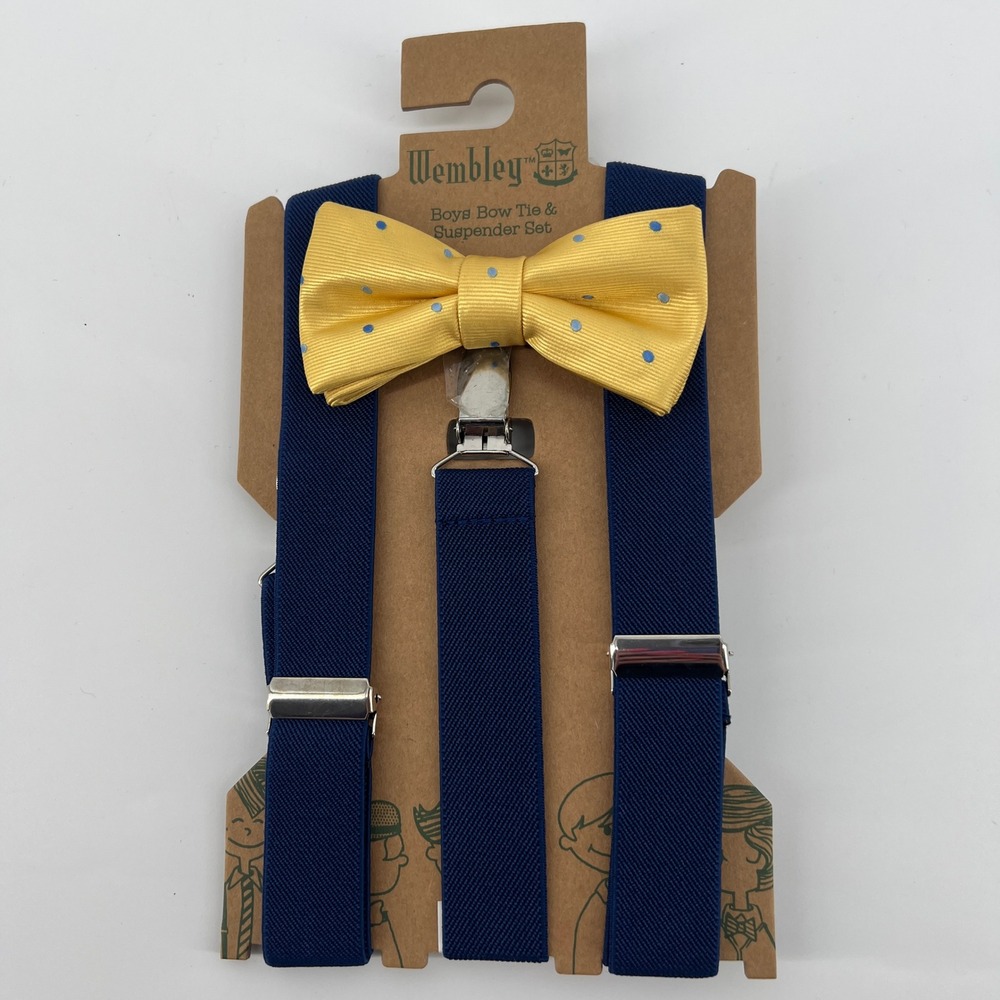 Wembley‎ Boys Bow Tie and Suspender Set Yellow Polka Dot Navy Blue NEW